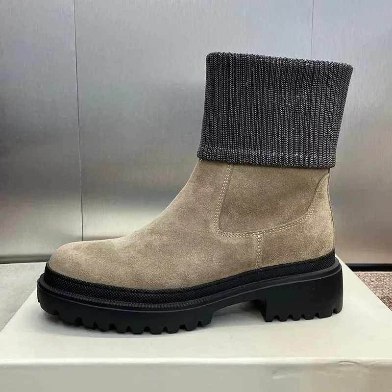 

Женские короткие ботинки на массивном каблуке с толстой подошвой, замшевые вязаные ботильоны с круглым носком, уличные ботильоны, зимние модные ботинки для верховой езды
