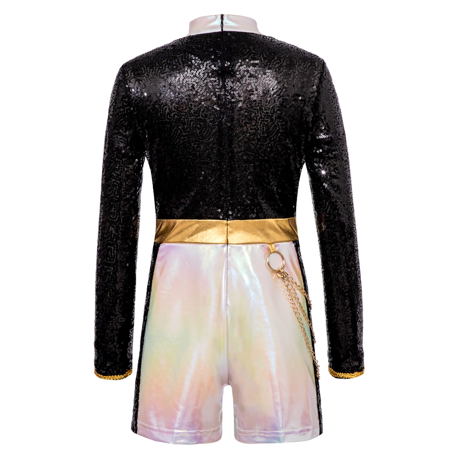 هالوين الصيادين تأثيري المطربين مرحلة الأداء دور اللعب الزي لامعة الترتر طويلة الأكمام الخصر سلسلة الظهر بذلة قصيرة