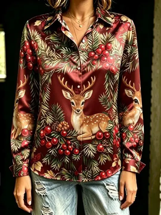 Women Christmas Reindeer Kitten Pine Holly Berry Print Lapel Collar Long Sleeve Shirt Loose Button Down Holiday Party Blouse