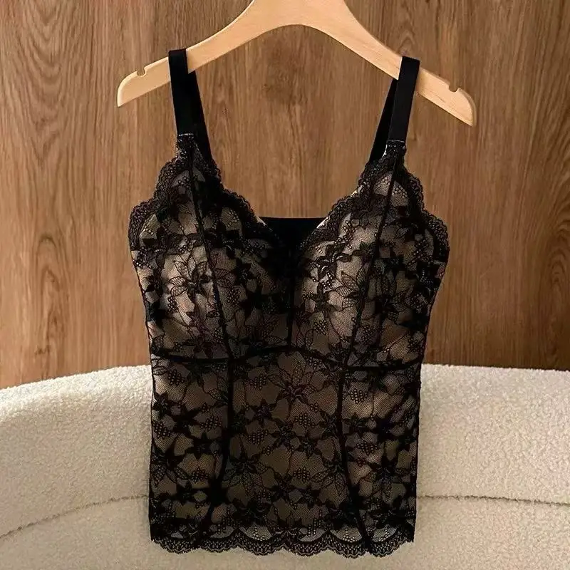 Sexy Lace Strap Vest High Quality Inner Wear with Chest Pad Outer Match Slimming Top Large Size Women's Underwear/T-shirt