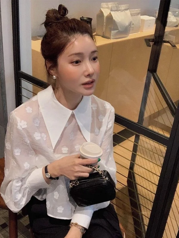 

Retro Embroidered See-tough Asymmetrical Doll Collar irt Women Chic Gentle Sweet Design Sense Top Korean Sle Loose Fit