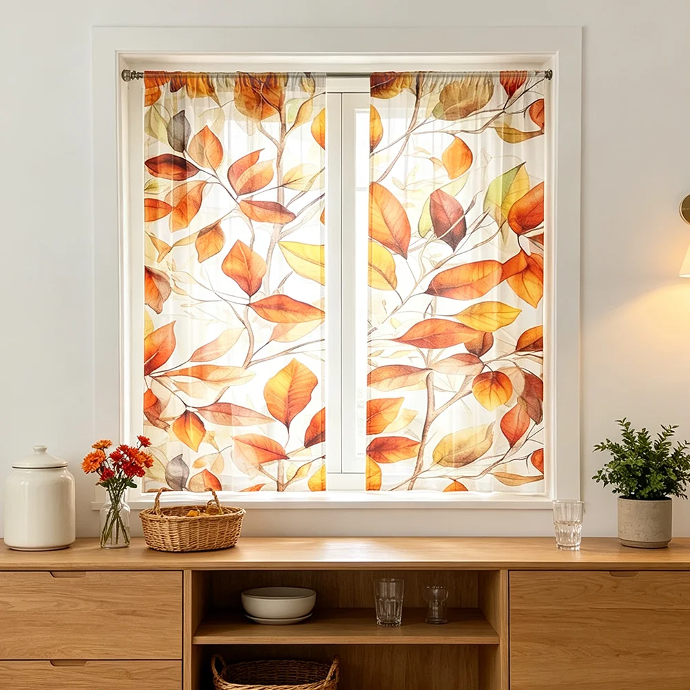 2PCS Autumn Red Leaves Sheer Curtains