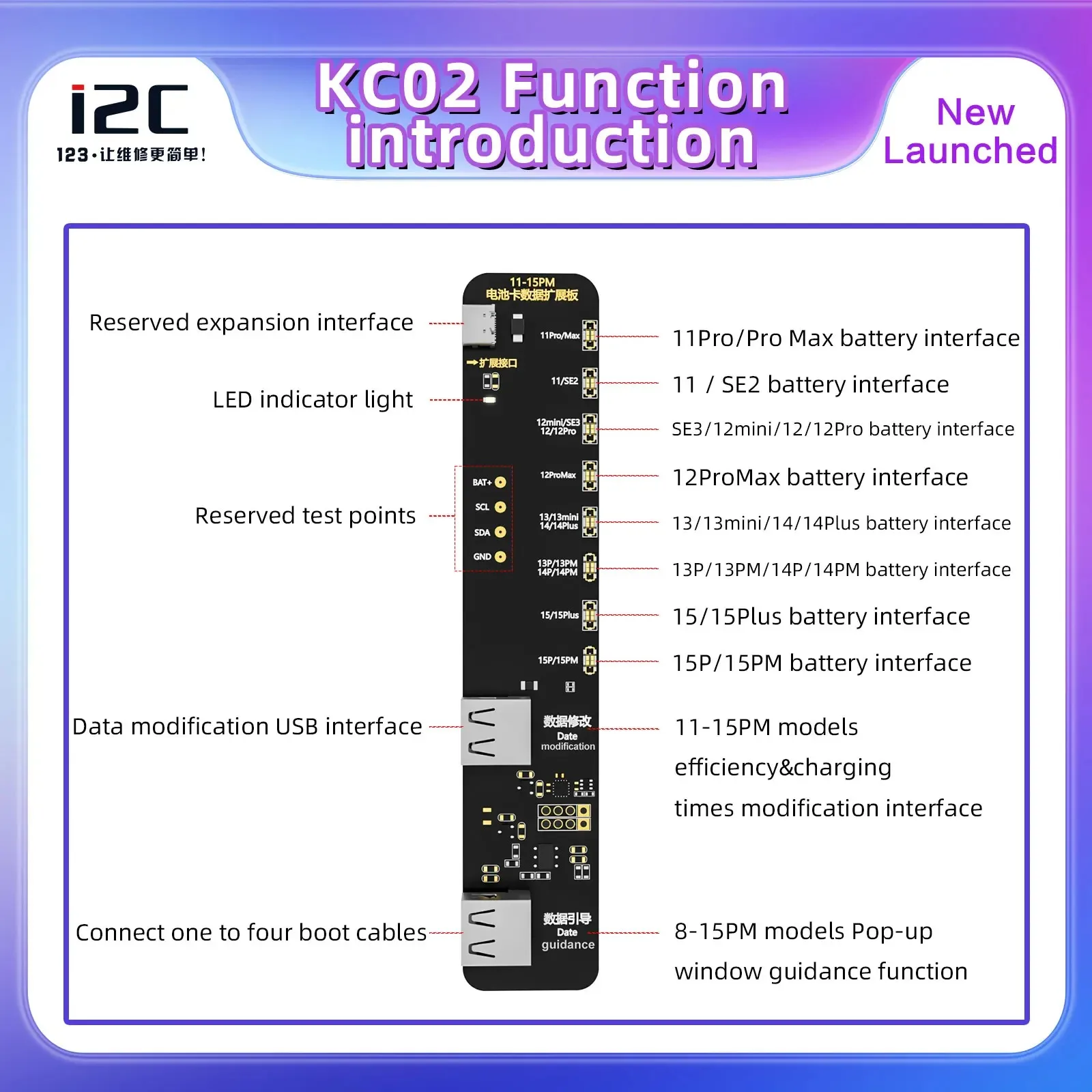 

I2C KC02 Battery Expansion Board NO NEED External Cable for iPhone 11-15PM Automatically Modified 100% Battery Efficiency Tools