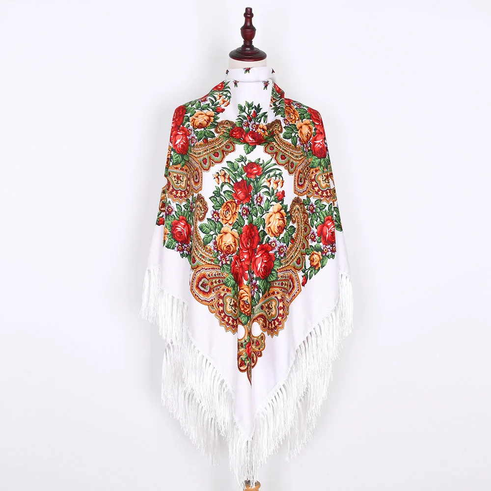 

160*160cm Russian Women Square Scarf Luxury Floral Print Bandana Ukrainian Fringed Shawls Babushka Handkerchief Blanket Shawl