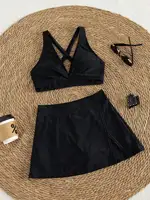 Conjunto de bikini negro con nudo frontal y falda para mujer, traje de baño de 3 piezas de cintura alta, bañador modesto con falda para vacaciones de verano