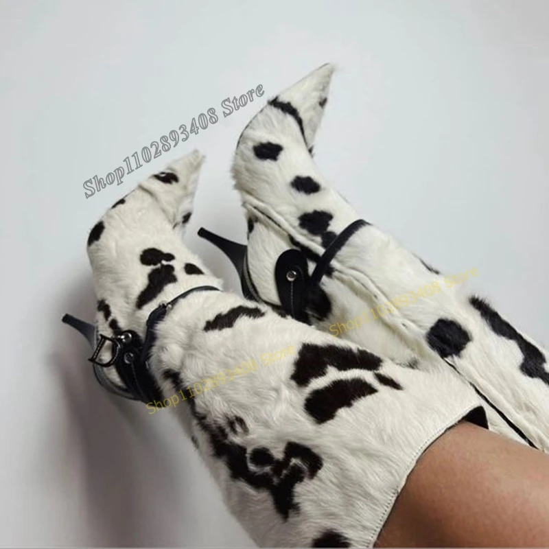 

Cow Stripe Fur Decor Mid Calf Boots Pointed Toe Stiletto High Heel Side Zipper Women Shoes 2023 Fashion Sexy Zapatos Para Mujere