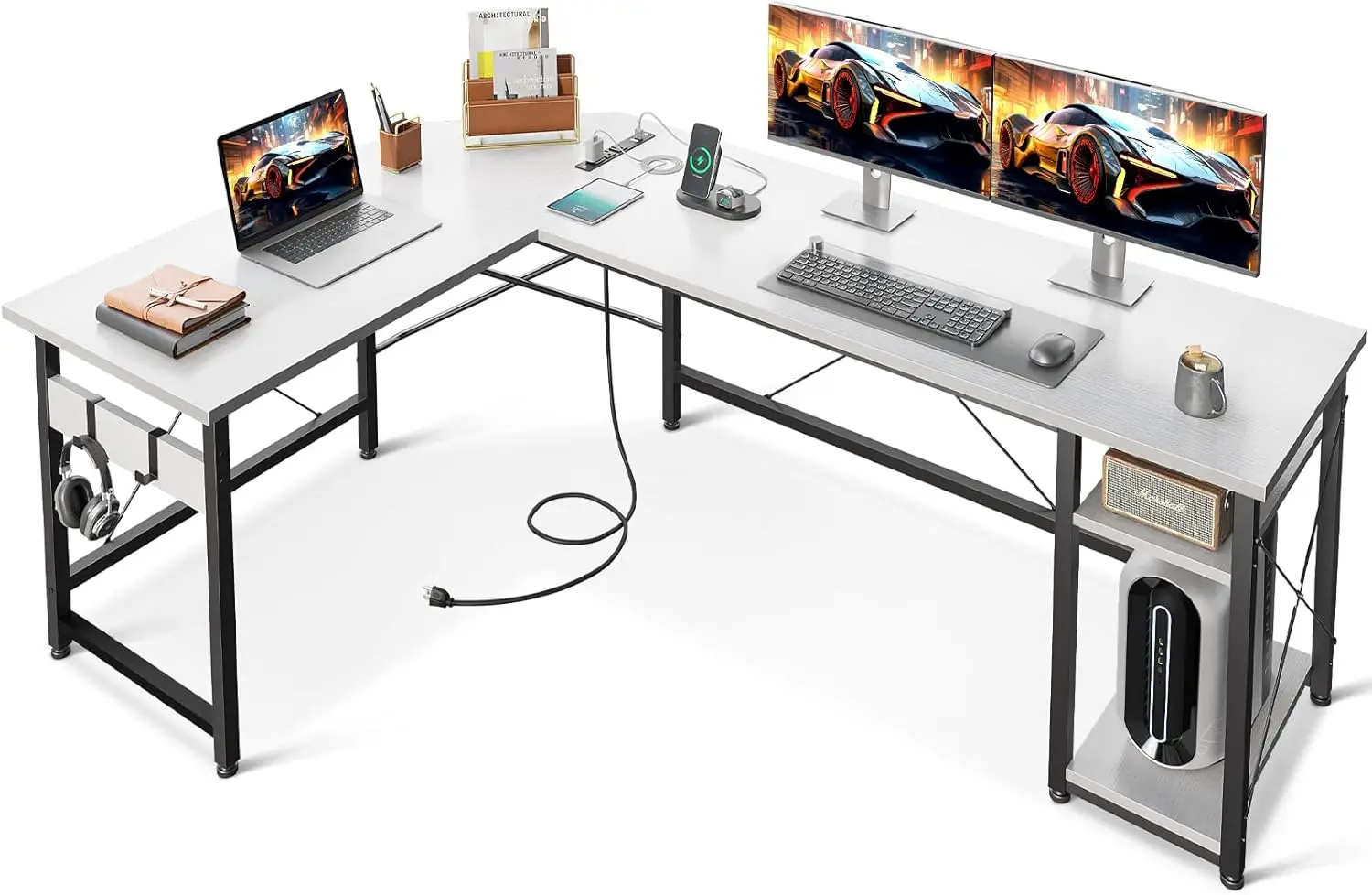 L Shaped Computer Desk 66" with Power Outlet & Storage Shelves, Corner Sturdy Writing Desk Workstation, White