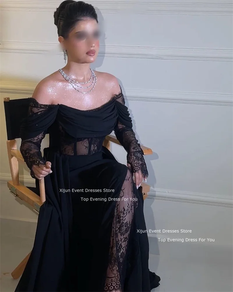 Xijun Black Sexy Long Evening Dresses Sleeves Off The Shoulder Lace Prom Dresses Saudi Arabric Long Sleeves Prom Gowns Women2024