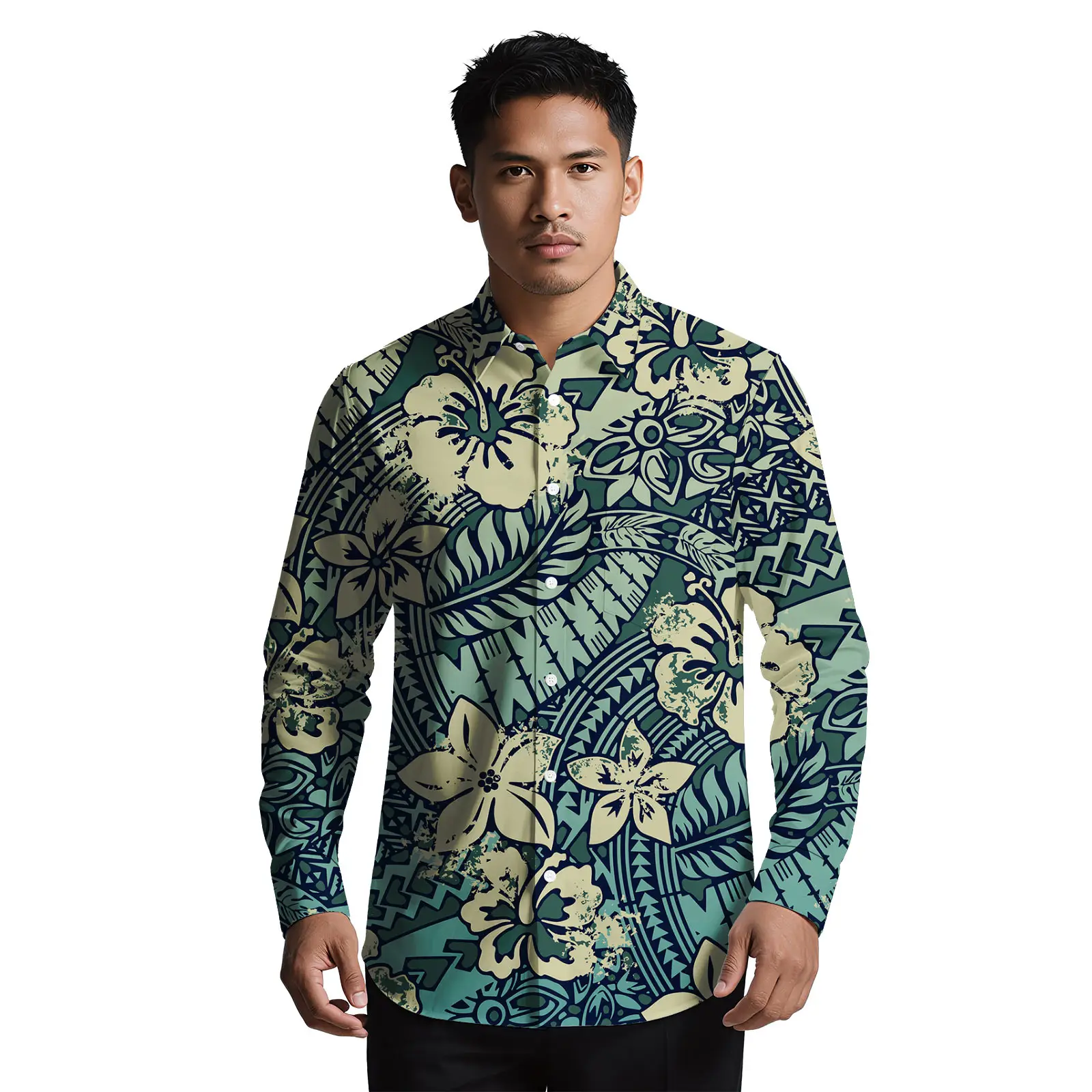 ساموا موضة جديدة مخصصة مريحة بدوره إلى أسفل طوق قميص طويل الأكمام ألوها قمصان البولينيزية القبلية تصميم قميص للرجال #3