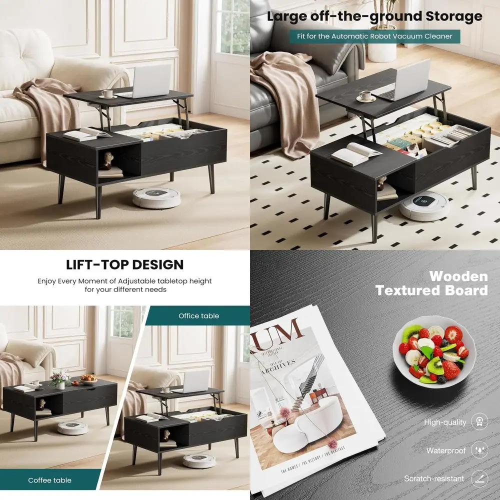 

Деревянный журнальный столик с улучшенным хранением для гостиной, черный, со скрытым отделением и открытой полкой