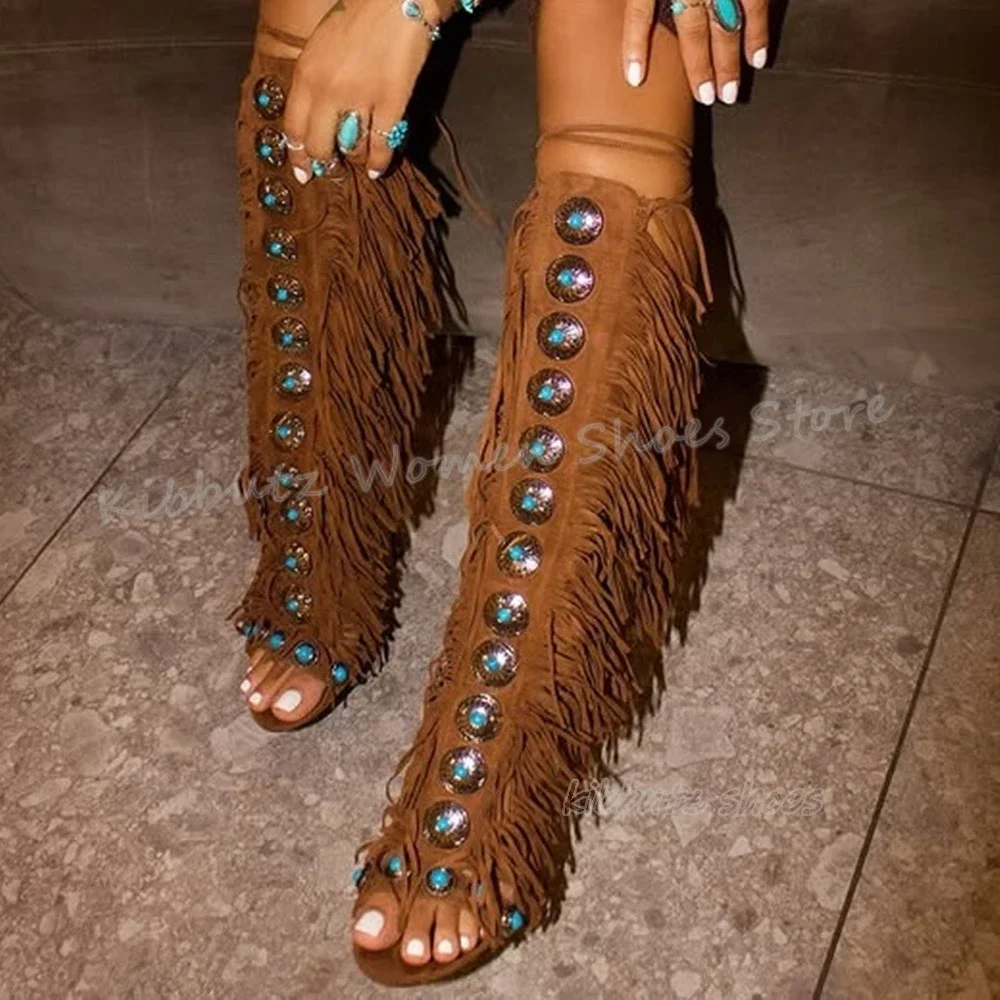 Tassels Suede Crystal Sandals Knee High Boots Glossy Solid Color Cross Strap Fashion Luxury Elegant Concise Women Shoes Newest