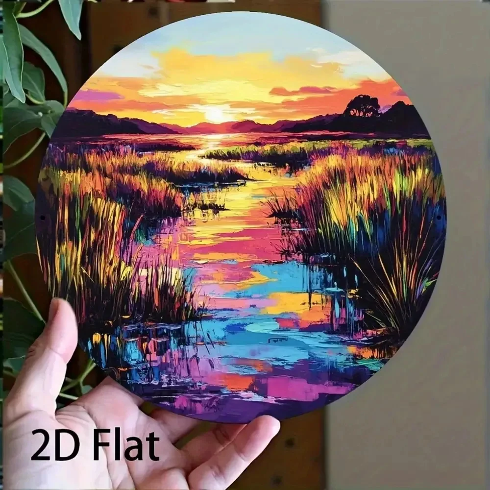 Large 8x8inch Circular Metal Wall Art - Vibrant Sunset Scenery with Reflections of Pink, Orange, Blue, Purple, Yellow, Green, and Other Colors