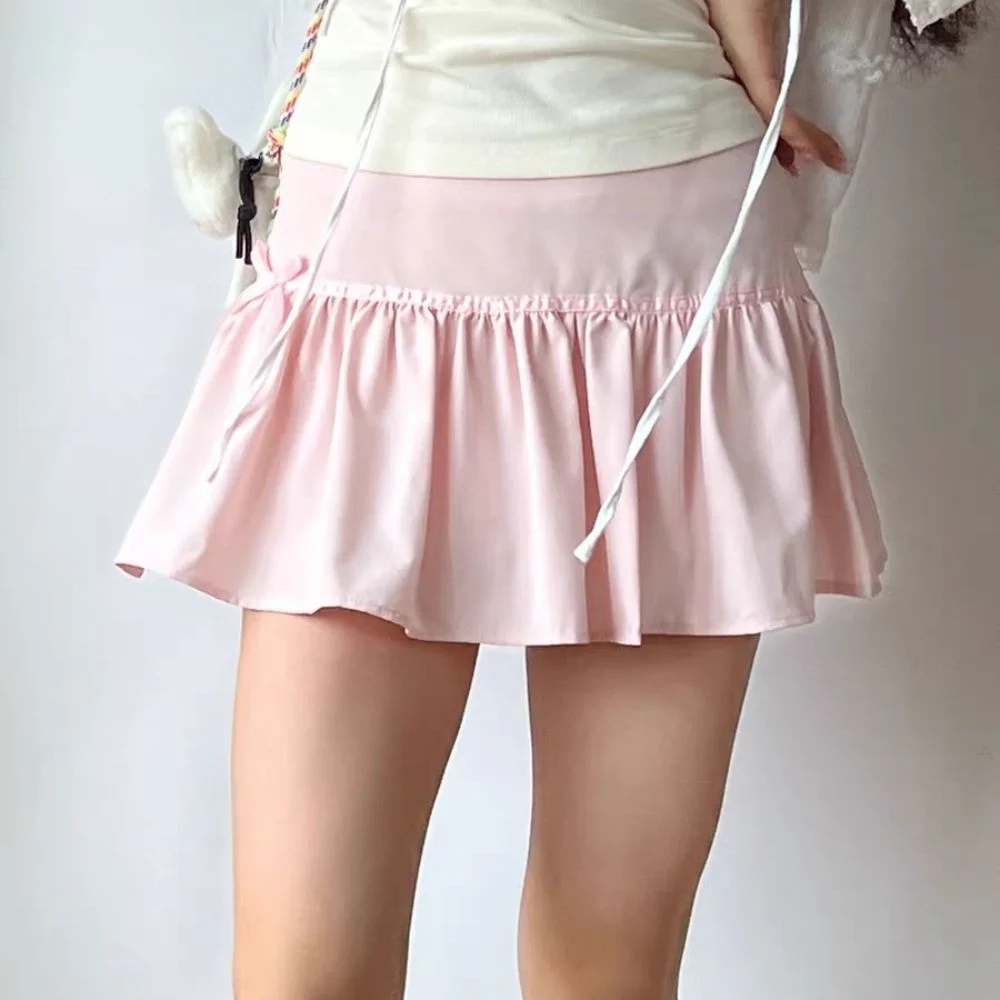 

A-line Pleated Mini Skirts Low Waist Preppy Ultra Short Skirts with Safty Pants Korean Style Sweet Bowknot Mini Skirt Summer
