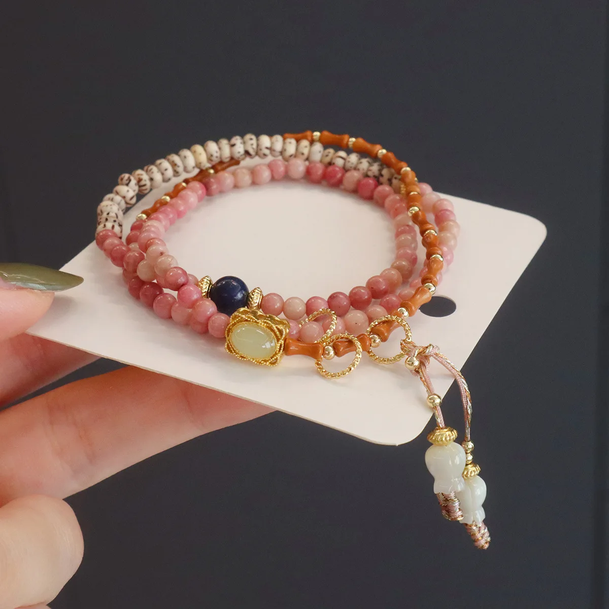 New Chinese Style Multi-Layer Natural Red Vein Stone Bracelet with Pink Quartz Pixiu, Star & Moon Bodhi, and Olive - Creative Cu