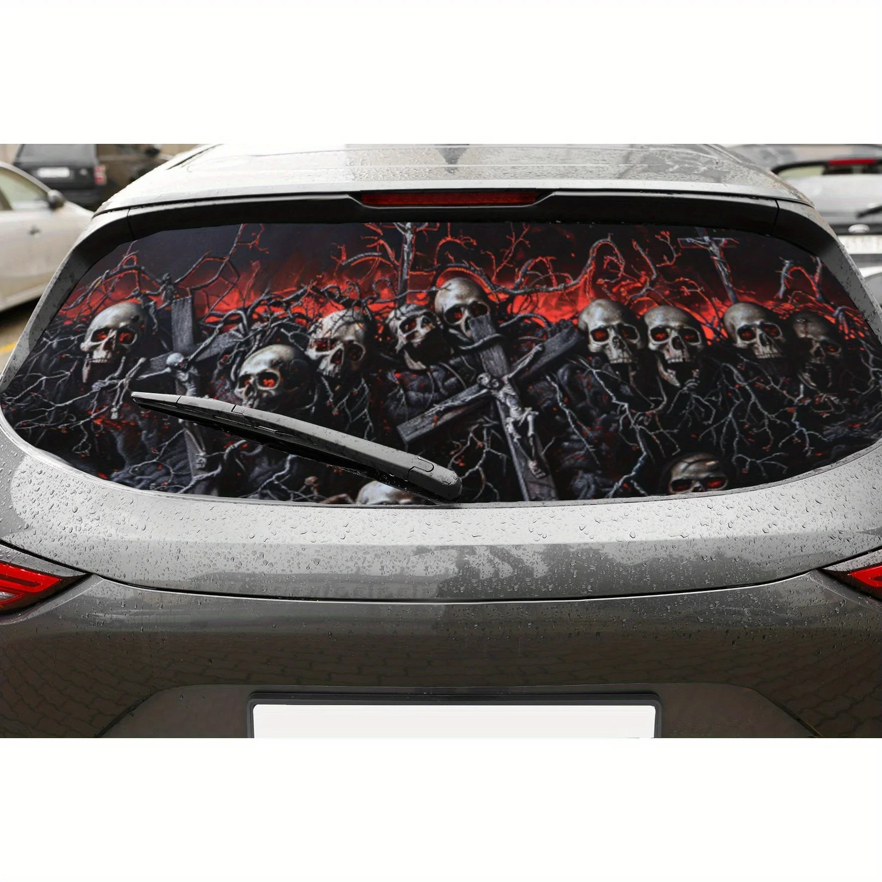 Dark Skull Cluster and Cross PVC Perforated Car Vinyl Wraps, Privacy Enhancing Design for Rear Window, Car Rear Windshield Stick