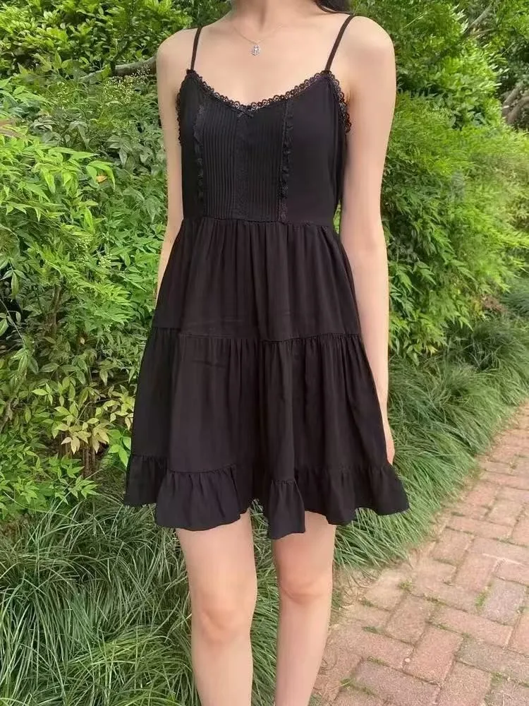 블랙 레이스 트림 a 라인 드레스 여성 새로운 탄성 허리 v 넥 민소매 미니 드레스 streetwear 빈티지 세련된 짧은 vestidos y2k