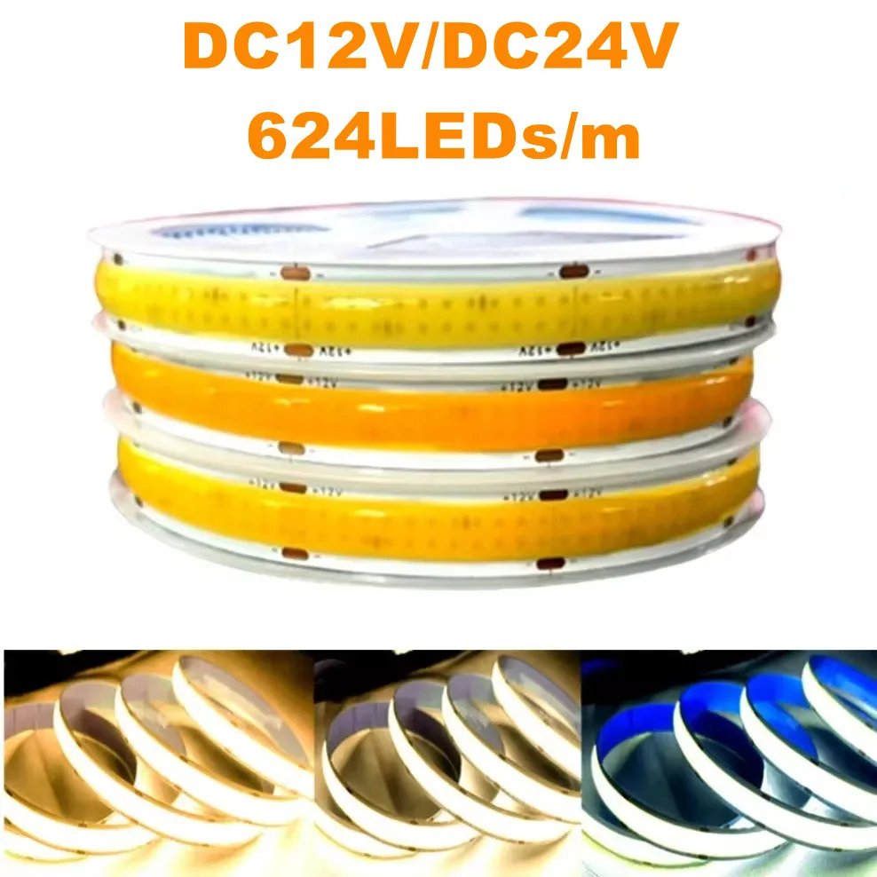 COB LED Lights Strip High Brightness Flexible FOB LED Tape Double Row 624LEDs/m DC12V/24V RA90 3000K 4000K 6000K Dimmable Strip