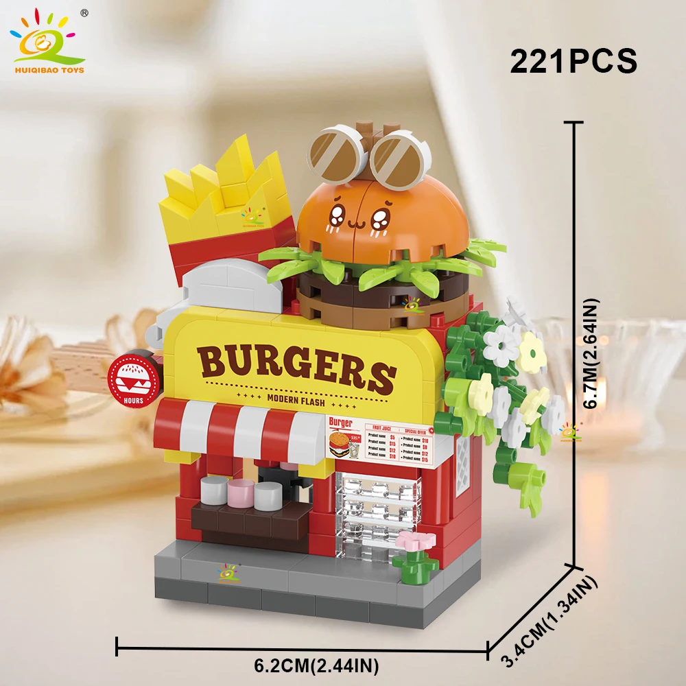 ตัวต่อไมโครบล็อก HUIQIBAO รุ่นร้านค้าน่ารัก แบบจำลองเบอร์เกอร์ ดอกไม้ทอด ของเล่นตัวต่อขนาดเล็กสำหรับเด็ก ตกแต่งโต๊ะทำงาน