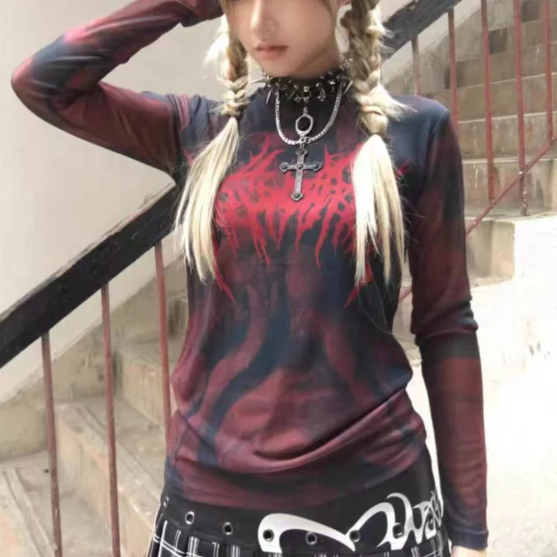 Grunge Ästhetik Druck T-shirt Vintage Gothic Red Mesh Streetwear Frauen Top Y2k Langarm Sheer Tops Punk – Detail 9
