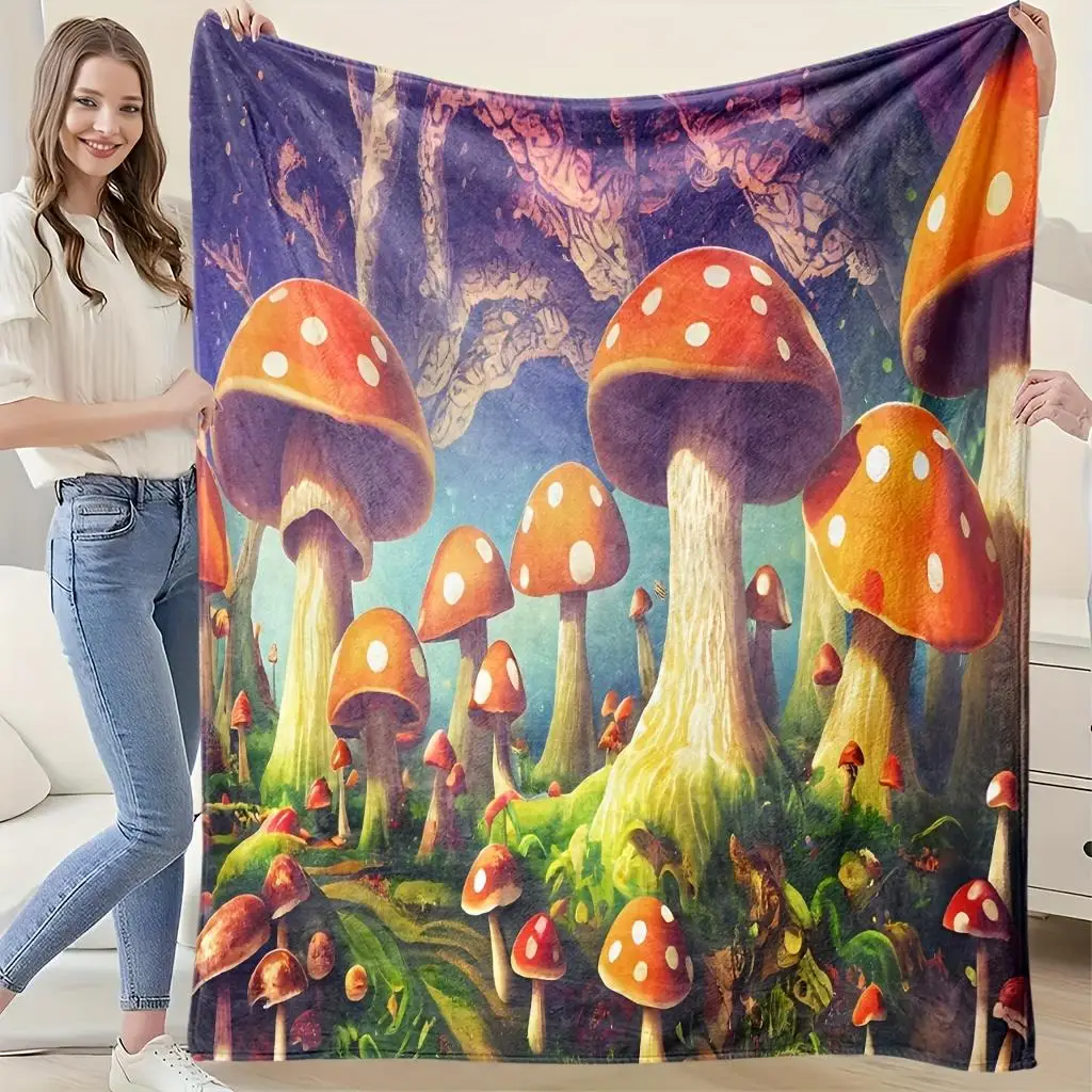 Fantasy Giant Red Spotted Mushroom Forest Flannel Throw Blanket Magical Woodland Print Soft Lightweight Blanket for Sofa Camping