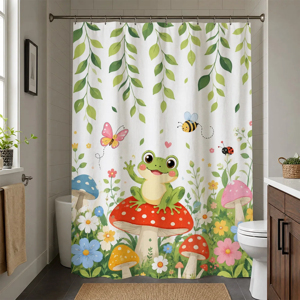 Cute Woodland Fairy Garden Shower Curtain with Frog Mushrooms and Floral Greenery Bathroom Decor