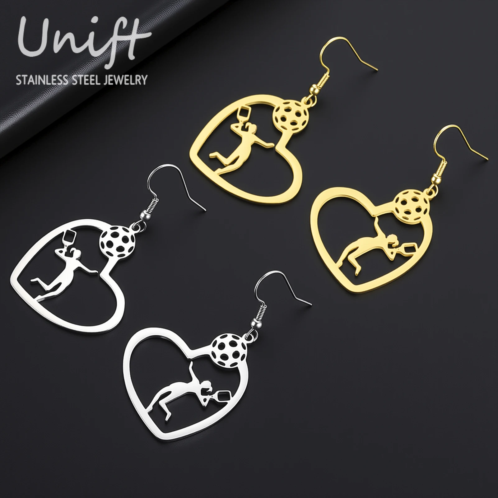 Unift Heart shape Pickleball Sport Earring Stainless Steel Fashion Earring for Women Sports Enthusiasts Ear Drop Jewelry Gifts