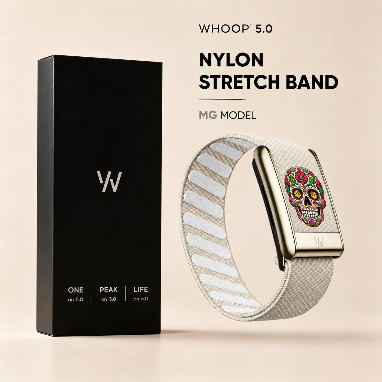 Compatible with WHOOP 5.0 MG Sugar Skull Pattern Nylon Woven Stretch Sport Wristband Metal Frame