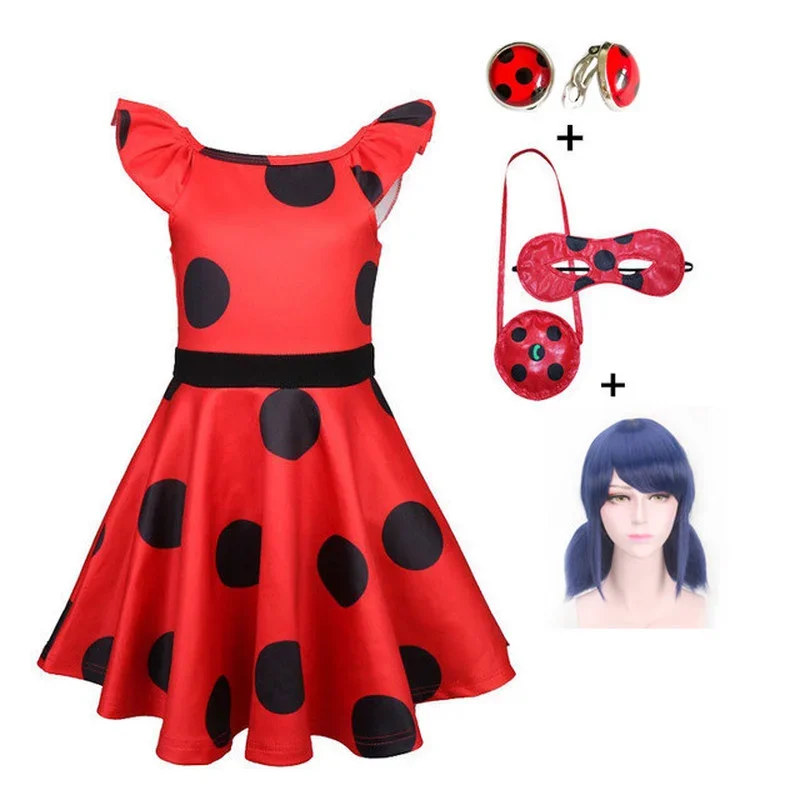 2024 Halloween Fantasia Red Circular Polka Dot Costumes Earring Kids Dress Justice Bug Cosplay Christmas Party Child Girls Suit