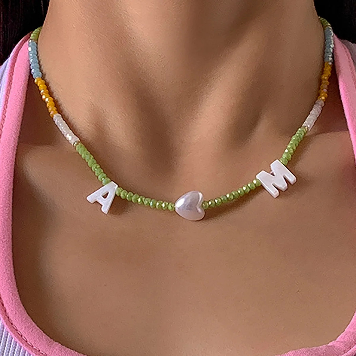 Necklace Faux Pearl Beaded Shell Letter Pendant Round Geometric Beads Sturdy Elegant Jewelry for Women Party Gold Tone