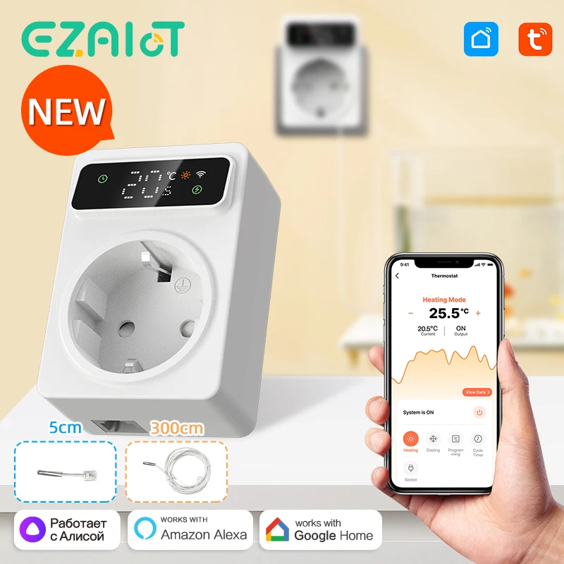 

Умная Wi-Fi розетка Tuya с цифровым термостатом, контролем температуры, таймером, точным регулятором охлаждения/нагрева, термометром