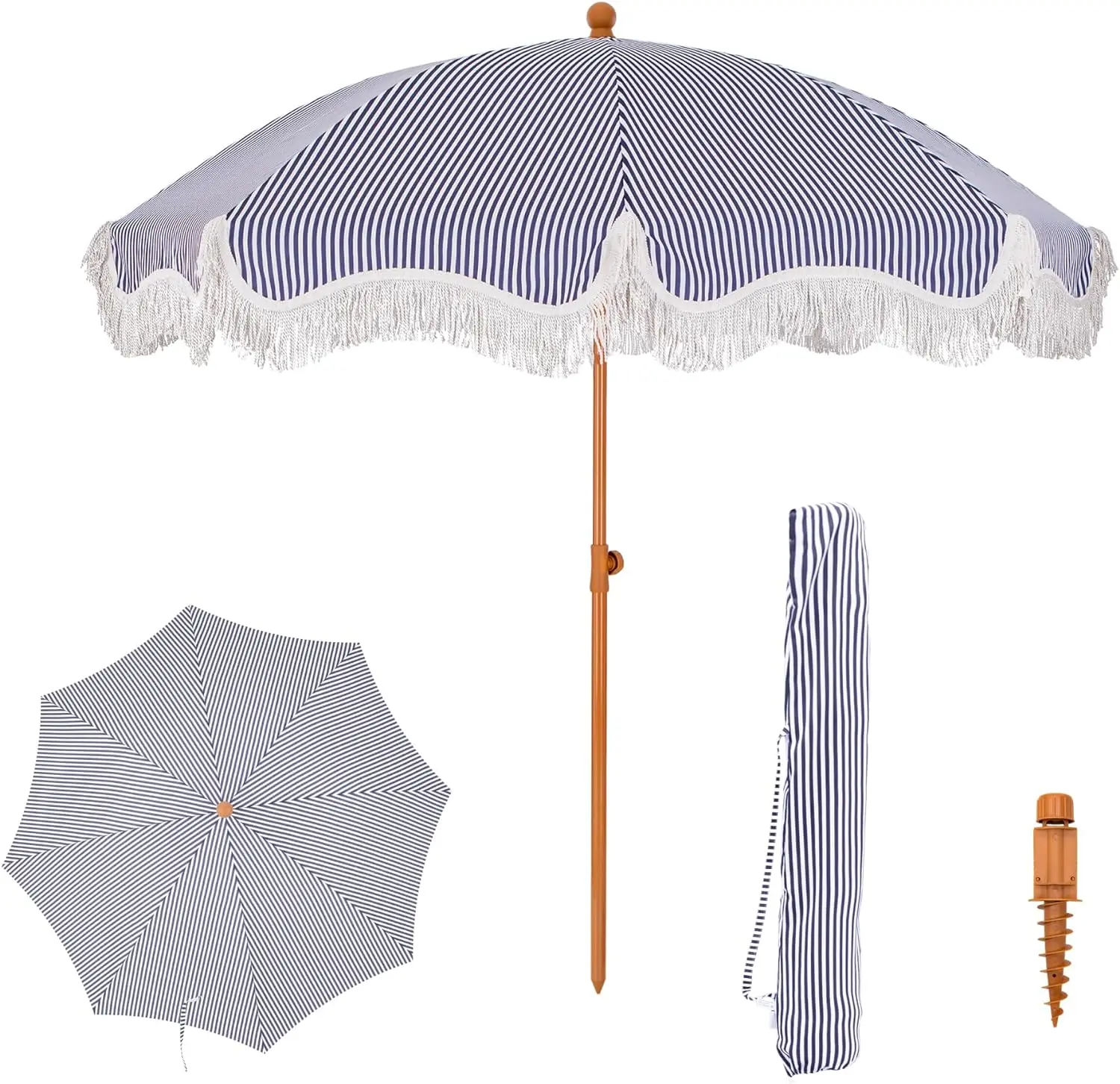 PHI VILLA 7ft Patio Umbrellas with Fringe, Outdoor Tilt Beach Umbrella Portable for Sand, UPF 50+ Canopy with 8 High Wind Proof