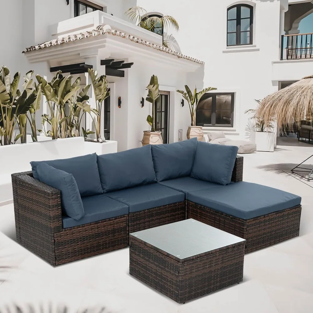 

5 Piece Patio Furniture Set, All Weather Outdoor Rattan Wicker, Patio Sectional with Cushions and Tempered Glass Coffee Table