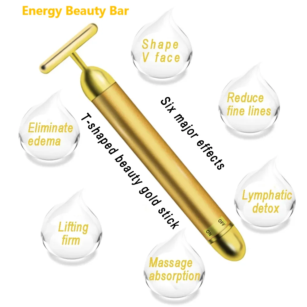 Barra de belleza Energy Gold T, rodillo masajeador Facial en forma de T, barra de estiramiento Facial, vibración de pulso, herramientas de masaje Facial reafirmante, palo de 24K