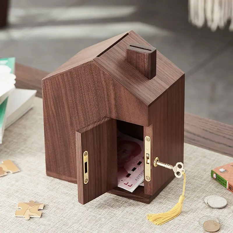 

Wooden House Shaped High Appearance Level Solid Wood Piggy Bank with A Lock Textured Home Decor Desk Decoration Home Accessories