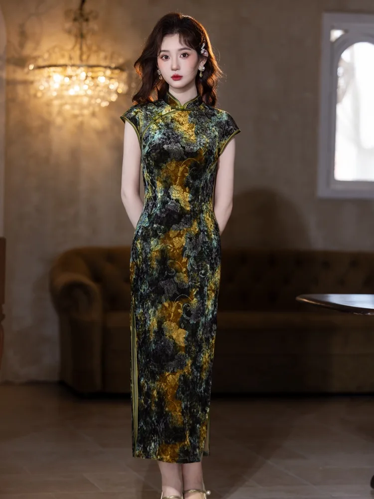 

Винтажное женское длинное платье-ципао с принтом, сексуальное китайское платье-ципао, традиционные китайские новогодние костюмы, одежда для сценических выступлений