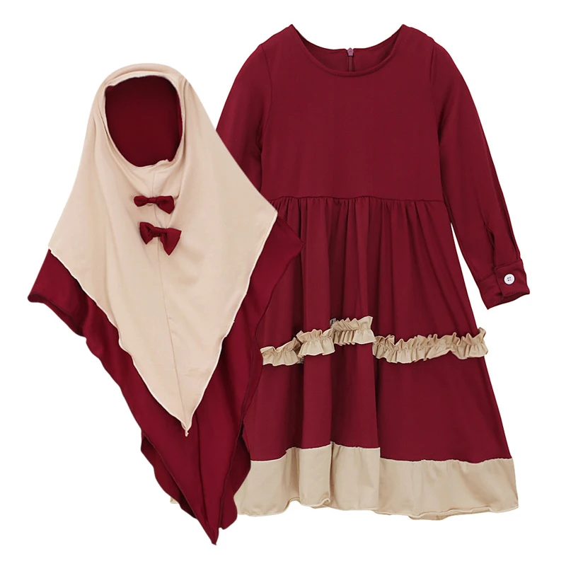 2024 Baby Girls Eid Muslim Long Party Dress + Scarf Clothing Set Spring and Autumn Festival Arab Style Kids Traditional Clothing