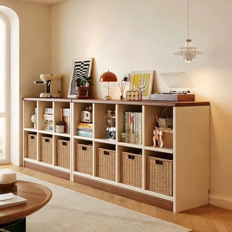 Solid Wood Grid Bookshelf, Low Integrated Wall Storage Cabinet for Living Room