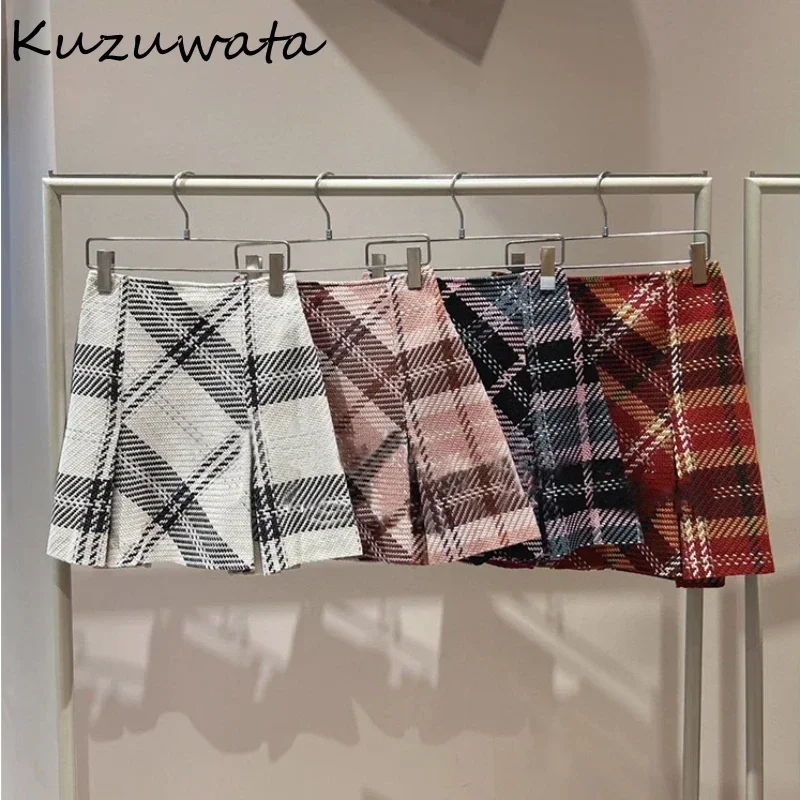 Kuzuwata New Fashion Personalized High Waist Faldas Plaid Slim Flare All-match Casual Mujer Faldas Japan Ruched Luxury Skirts