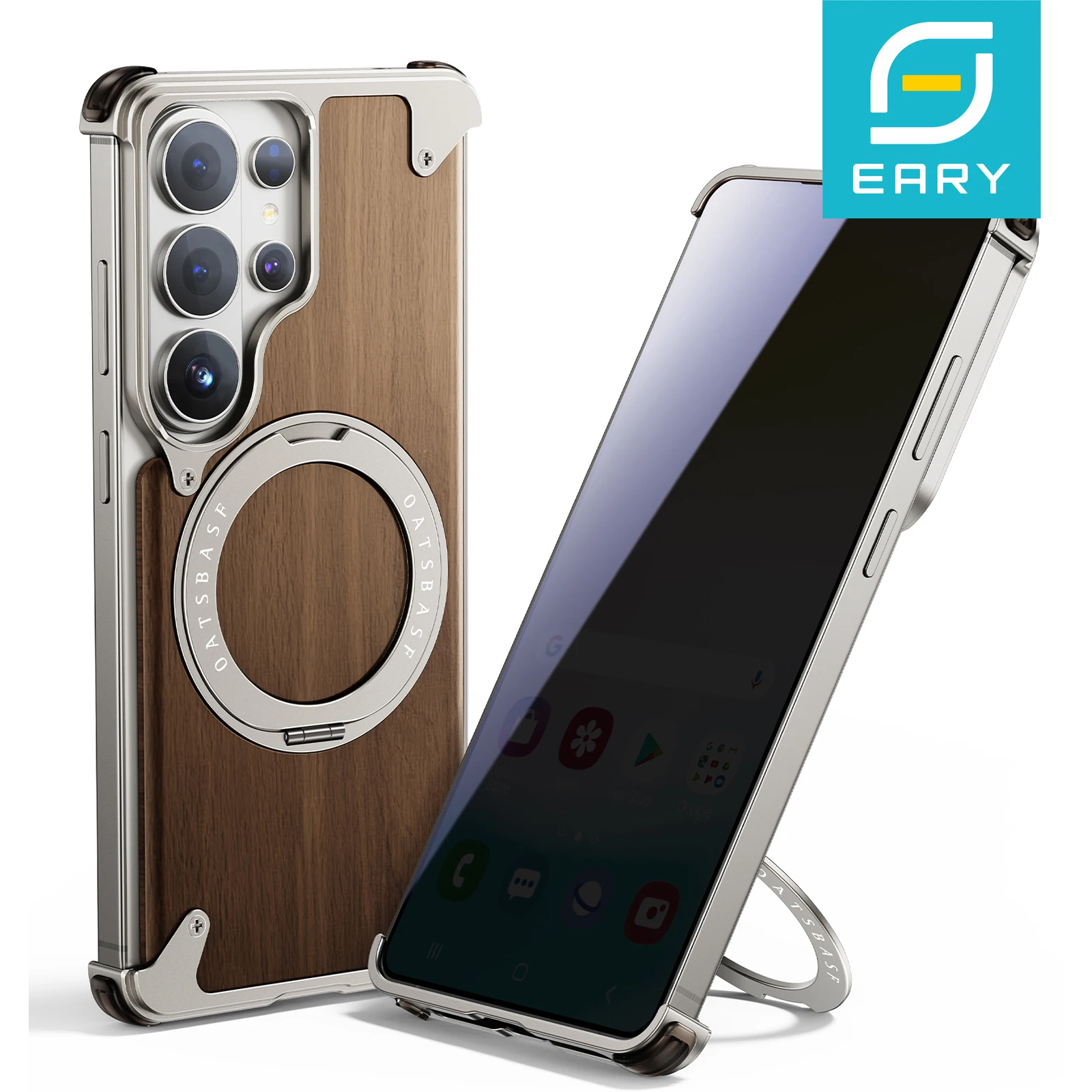 

Натуральный деревянный чехол Eary для Samsung Galaxy S26 Ultra с защитой на 360 градусов ° Вращающаяся подставка-кольцо, противоударный защитный чехол, дизайн из цельного дерева