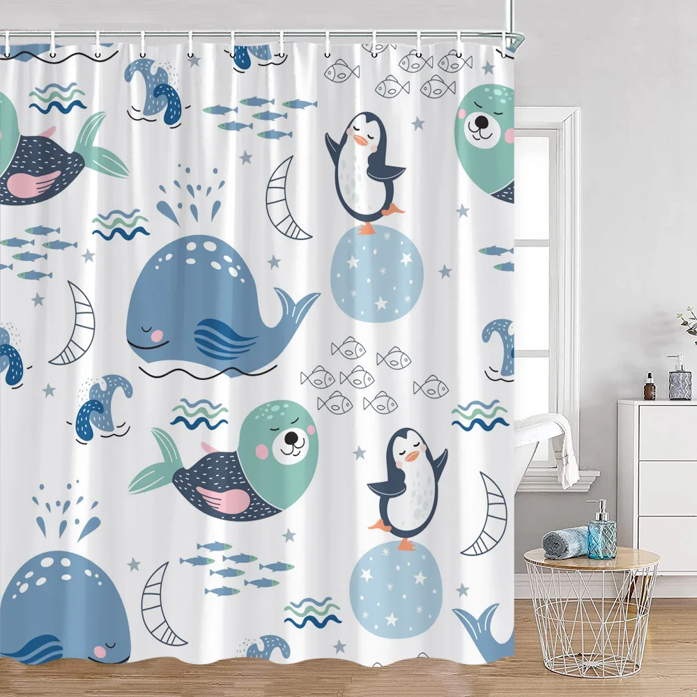 Cartoon Shower Curtains Ocean Animals Cute Whales Sharks Bathroom Curtai Kid Bath Decor Polyester Bathtub Decoration with Hooks