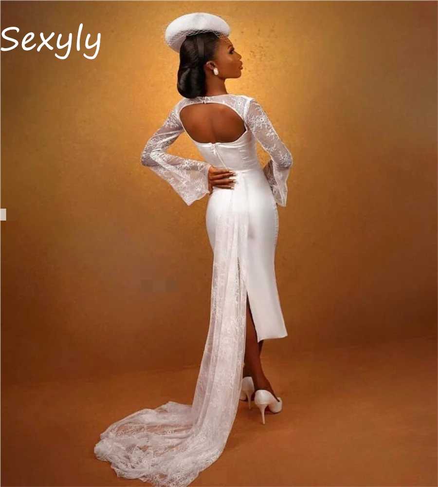 Nigeria Africa Boho Wedding Dress Lace Train Long Sleeve Beach Bohemain Bridal Gown Sexy Open Back Short Bride Customized