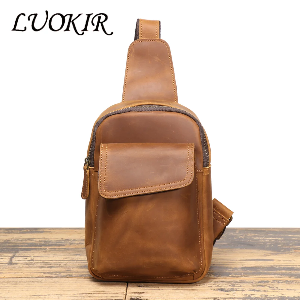 

LUOKIR New Vintage Men's Leather Chest Bag Crazy Horse Leather Casual Crossbody Backpack Cowhide Large Capacity Shoulder Bag