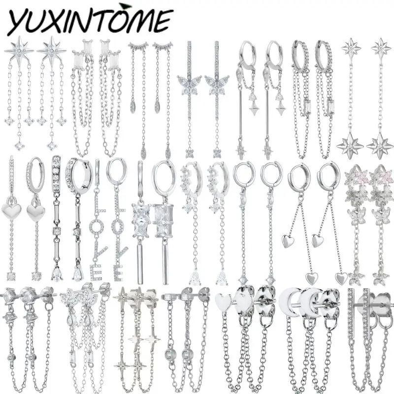 

925 Sterling Silver Needle Advanced Geometric Design Zircon Chain Mode Pendant Earrings Fashion Luxurious Stud Earrings Jewelry