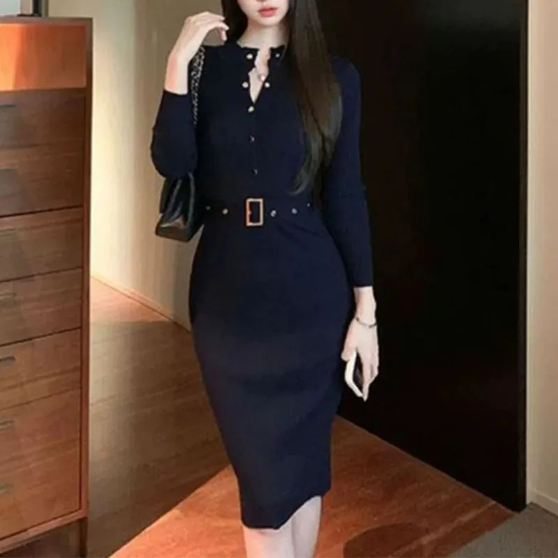 Large Size Korean Female Socialite Niche Dress Sashes Corset Sexy Bag Hip Ingle-breasted Long Sleeve Solid Color Midi Dresses