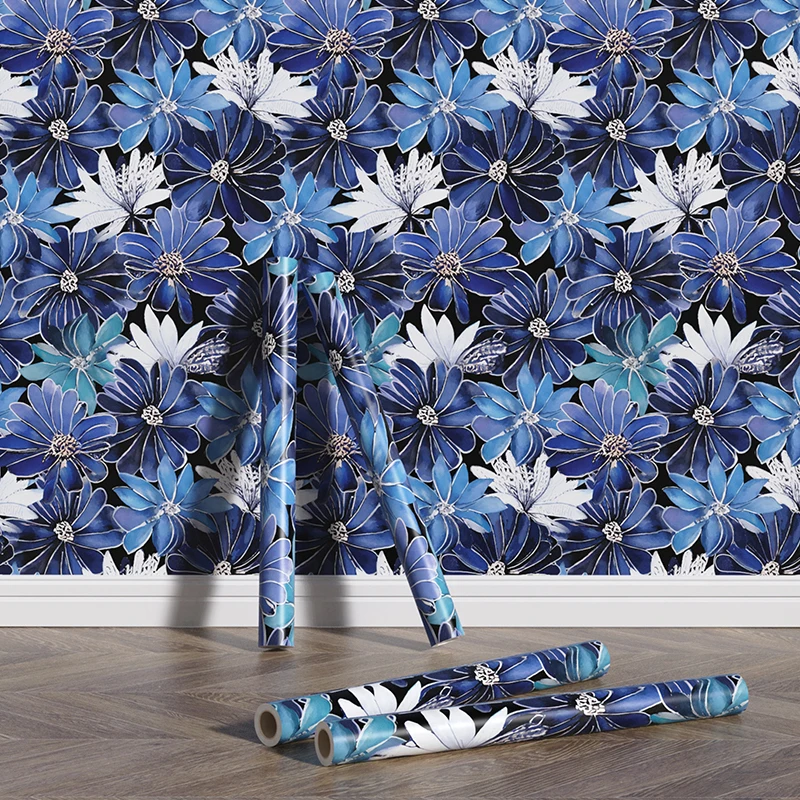 Sapphire Blue Floral Wallpaper Retro Euclidean Peel And Stick PVC Wallpaper Living Room Kitchen Flower Vinyl Cabinet Stickers