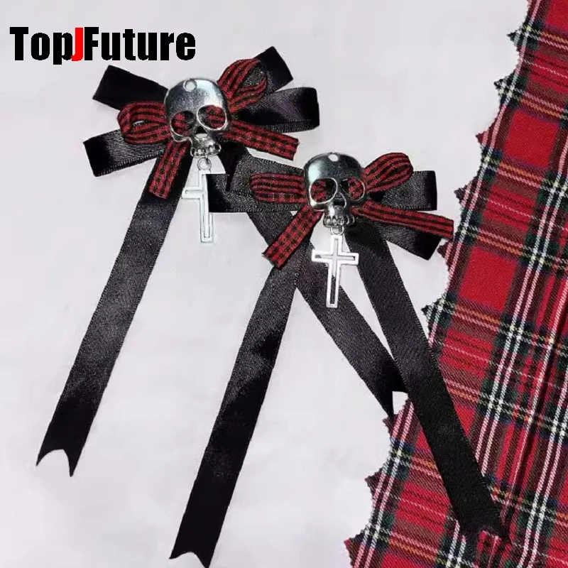 Y2K Girl Harajuku Gothic Primitive Subculture Punk Leather Bow Skull Cross Decorative Accessories Ponytail Braid Hair Clip