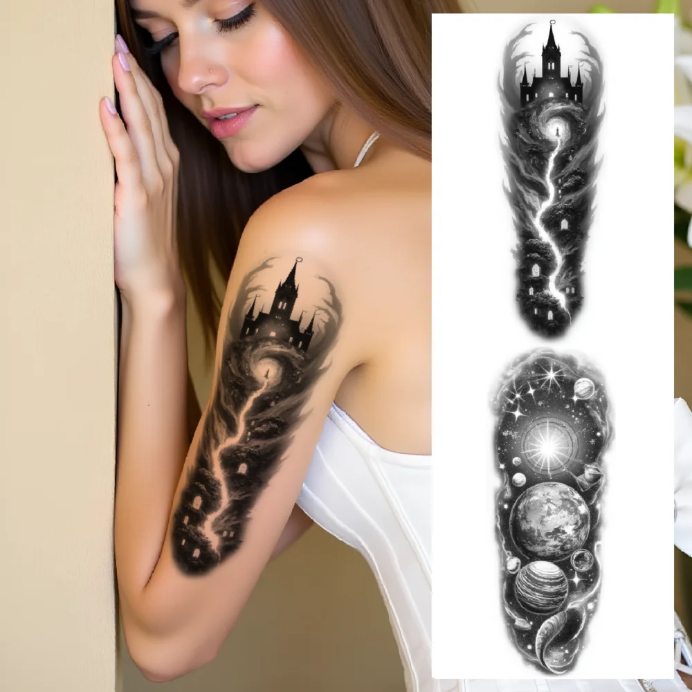 

3pcs Temporary Tattoo Candle With Books Black And Grey Realism Dragon Landscape Celestial Planets For Men Adults Women
