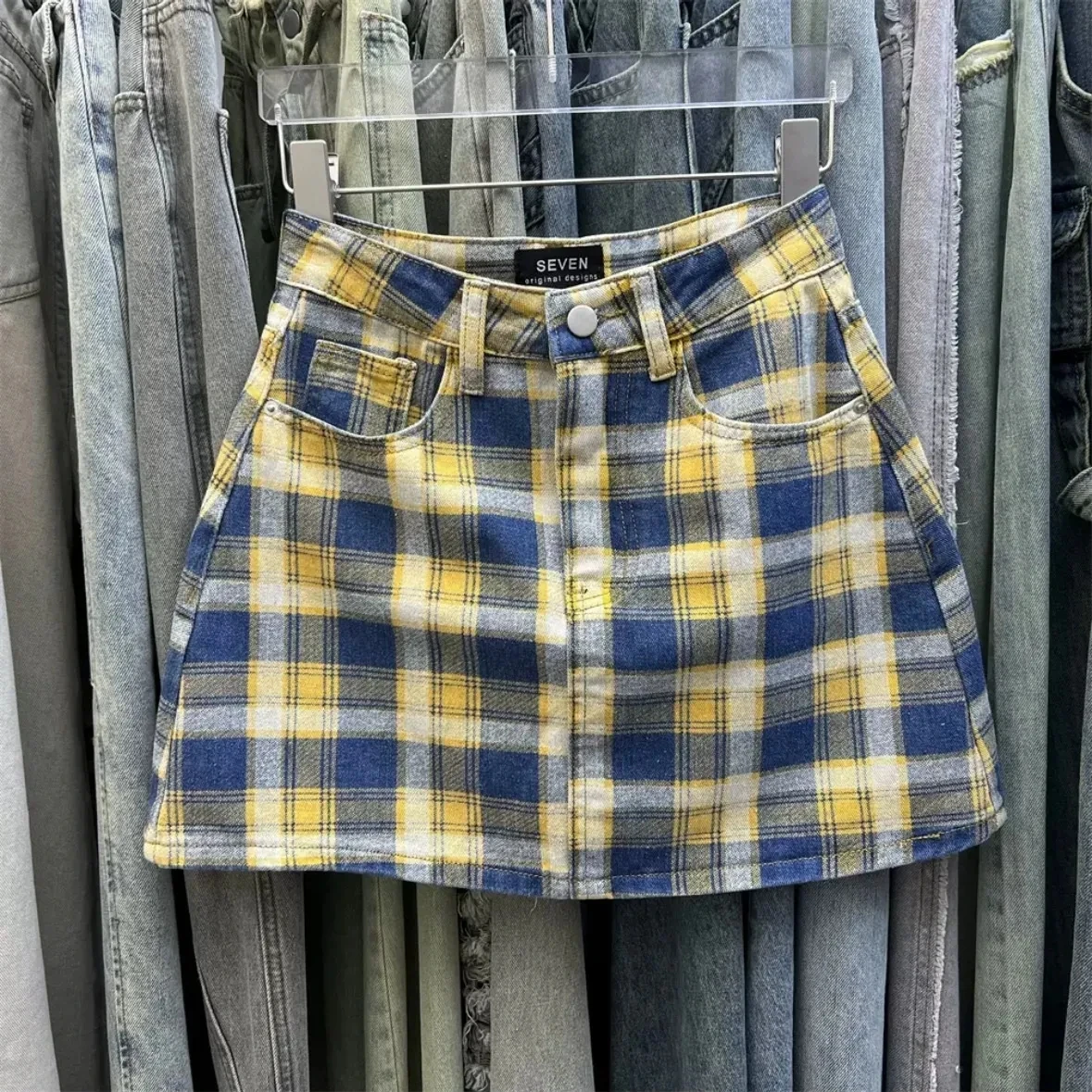 

2024 Spring Summer New Korean High Waisted orange checkered Denim Short Skirt, for Women,Slim hip A-line Mini Skirt,Girls Skirts