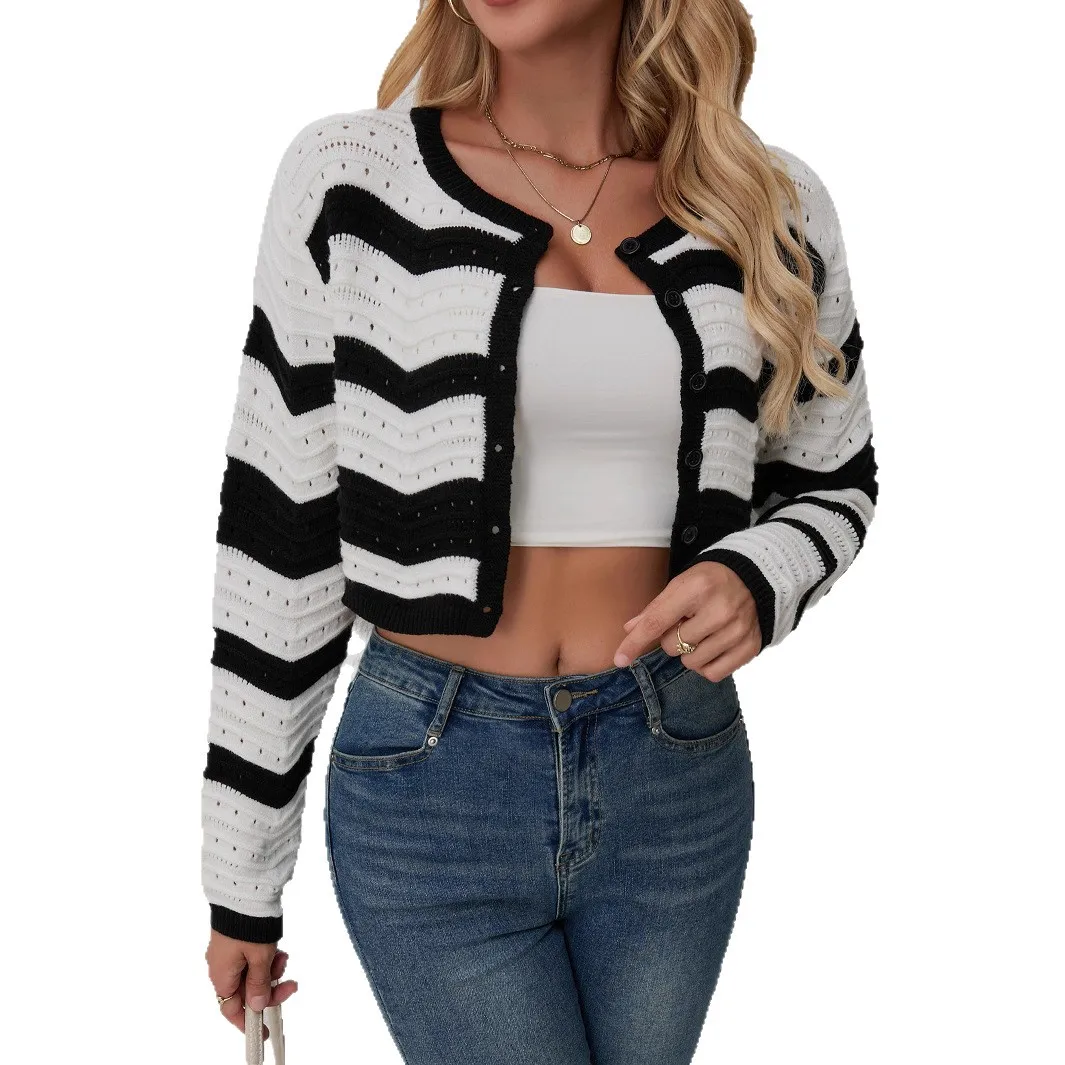 여성 니트 숏 가디건 스웨터 스플라이스 점퍼 스트라이프 컷아웃 O넥 긴팔 슬림핏 캐주얼 오피스룩 2025 가을