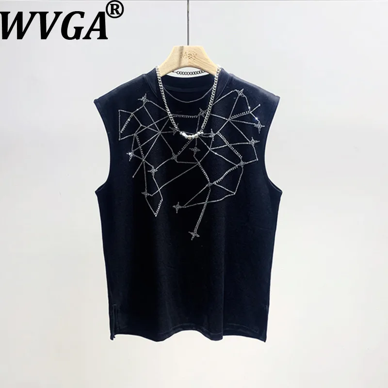 

WVGA Spring Summer New Man Tide High Street Diamond Trendy Design Vests Niche Chic Casual O-Neck Sleeveless Tops Ins Y2K W13877